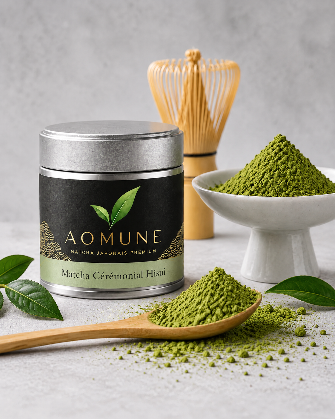 Boîte de matcha cérémonial Hisui AOMUNE avec chasen en bambou, bol de poudre de matcha et cuillère en bois.