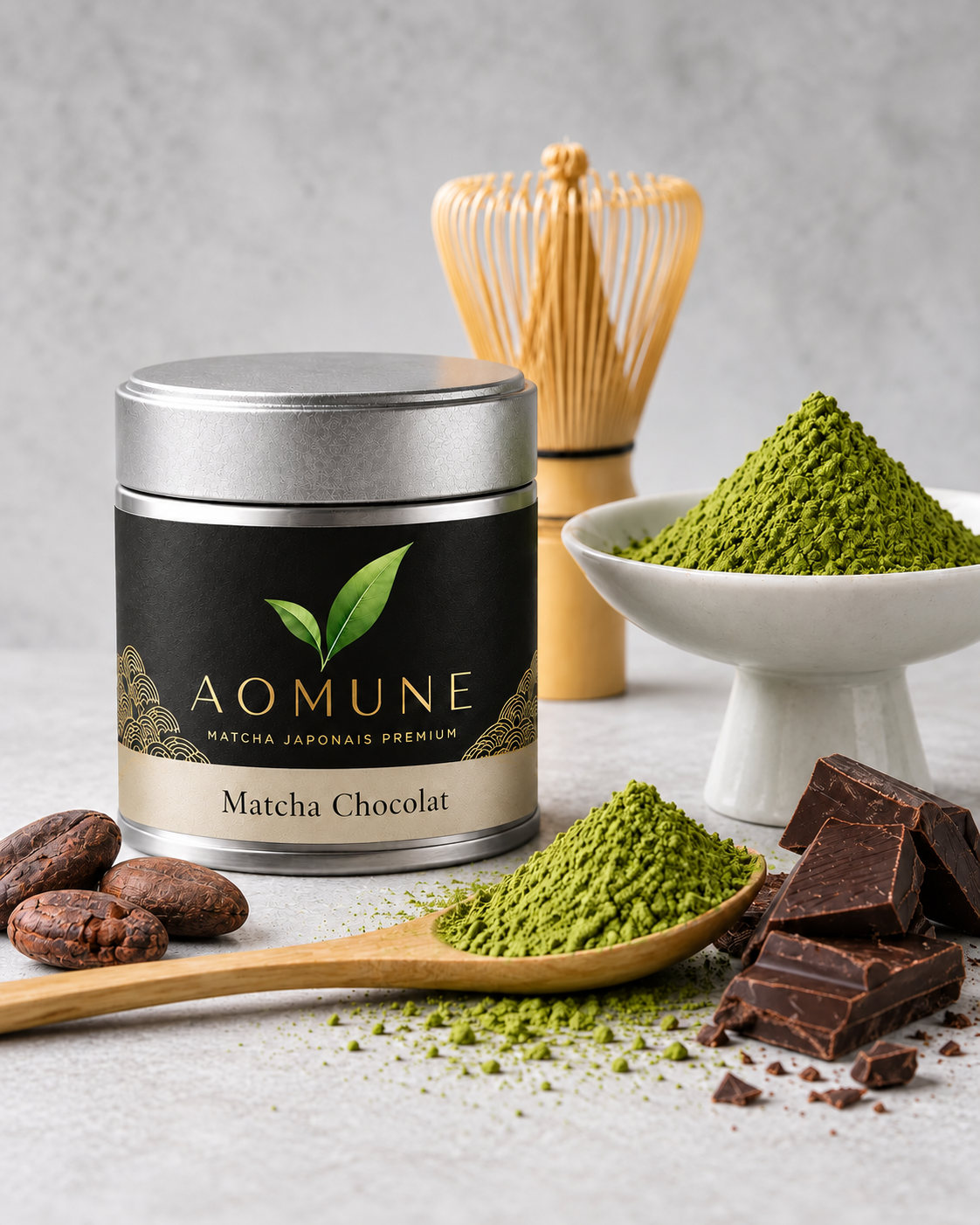 Boîte de matcha chocolat AOMUNE avec morceaux de chocolat, fèves de cacao, chasen en bambou et poudre de matcha.
