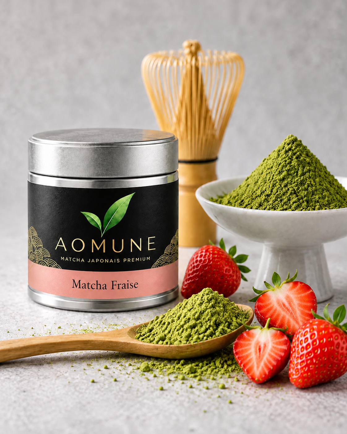Boîte de matcha fraise AOMUNE avec fraises fraîches, chasen en bambou et poudre de matcha.