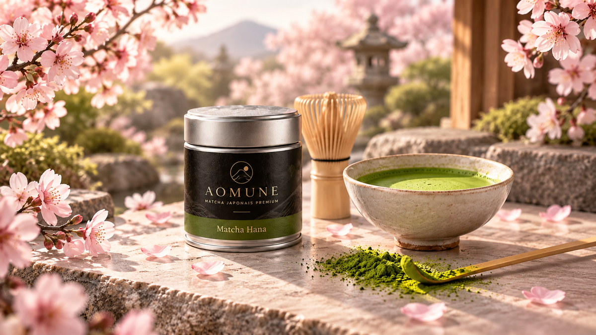 Boîte de matcha Hana AOMUNE avec bol de matcha et chasen, dans un décor de cerisiers en fleurs.