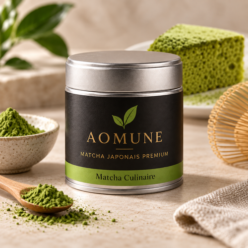 Matcha Culinaire AOMUNE — boîte 30 g, visuel premium
